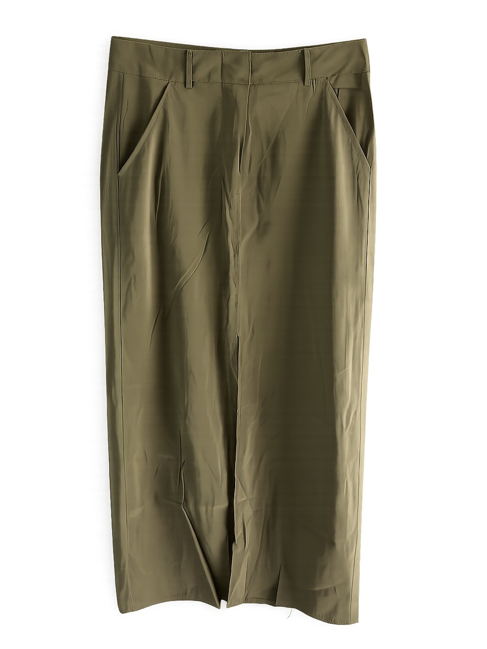 Max Studio Khaki-Green Midi Skirt with Front Slit - Size Small
